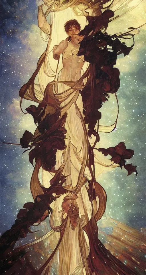 Prompt: the star tarot card with a male, the star tarot card with a male, the star tarot card with a male, elegant, dramatic lighting, graphic art, volumetric lighting, by Krenz Cushart and Artem Demura and Alphonse Mucha