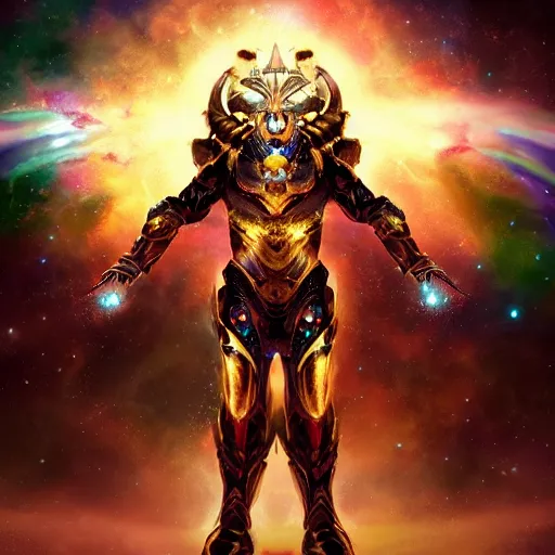 Image similar to photorealistic fantasy cosmic concept art of a cosmic god with armor made out of planets and dark matter, hovering in a unknown galaxy, fully body portrait, cinematic, dynamic lighting, ultra detailed, creative, trending on art station, stunning visuals, creative