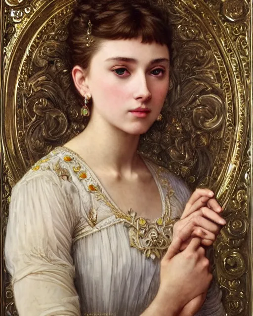 Prompt: a girl who resembles a 16-year old Audrey Hepburn and Scarlett Johansson, dressed in ornate, detailed, intricate iridescent opal armor, detailed oil painting by William Adolphe Bouguereau and Donato Giancola