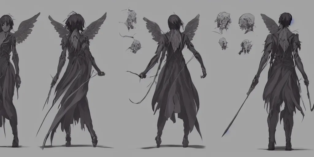 Image similar to the angel of death, character concept, character reference sheet, front and side views, by makoto shinkai, stanley artgerm lau, wlop, rossdraws, james jean, andrei riabovitchev, marc simonetti, krenz cushart, sakimichan, trending on artstation, digital art, character design, lou romano color scheme