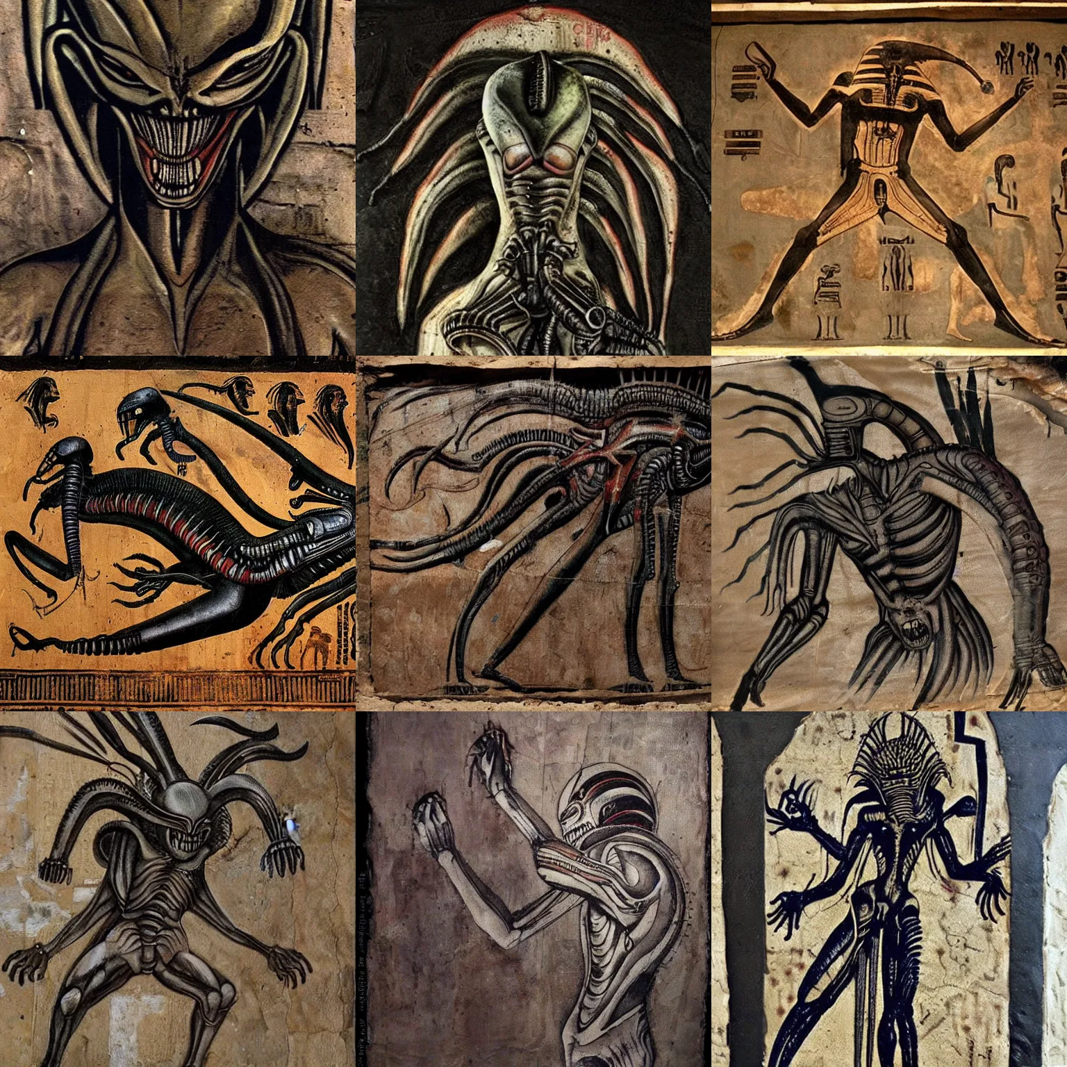 Prompt: [ xenomorph ] [ giger ] [ alien ] from movie aliens painted on ancient egyptian mural art