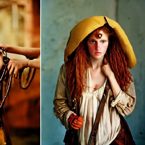 Prompt: Beautiful 19th Century Barbary Coast pirate female models with Ginger hair and Golden hooped earrings photography by Steve McCurry