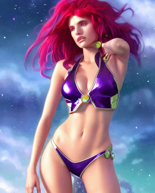 Image similar to ultra realistic photograph, bella thorne as starfire anime, shiny plastic bikini, intricate, elegant, highly detailed, digital painting, artstation, concept art, smooth, sharp focus, illustration, art by artgerm and greg rutkowski and alphonse mucha and wlop