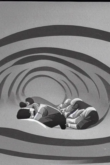 Image similar to A vintage scientific illustration from the 1970s of humans forming caves with their bodies