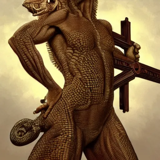 Image similar to fullbody!! dynamic action pose, christ as a scaly cold blooded reptilian lizard holding a holy cross in his claws, intricate, elegant, highly detailed, digital painting, artstation, concept art, smooth, sharp focus, illustration, art by artgerm and greg rutkowski and alphonse mucha