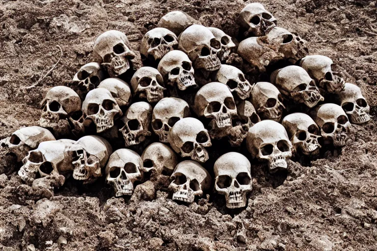 Prompt: A pile of human skulls on the dry cracked dirt ground, HD, 8k, cinematic shot, highly detailed, low saturation