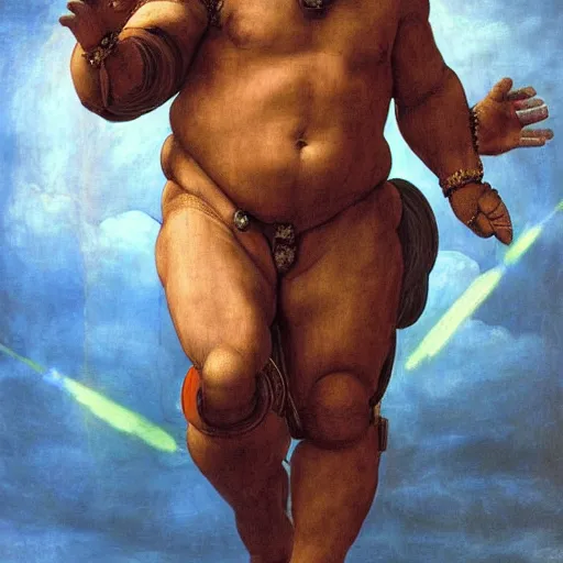 Prompt: Danny Devito as God dressed in an exosuit, heaven, War, Battle, Smiting the Devil, Holding Light in his hands, Lightbeams, clouds, surreal, Leonardo Divinci inspired, Michael Angelo inspired, Painting, Religious art