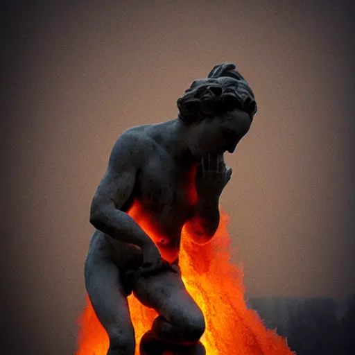 Image similar to a marble statue, on fire, dramatic photo