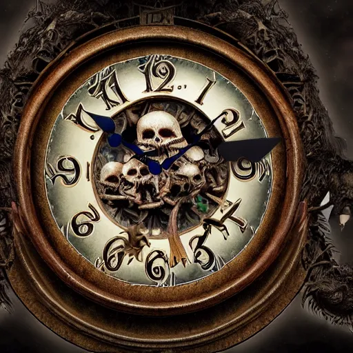 Image similar to a beautiful detailed 3 d matte portrait of a clock made of rodents, ominous, magical realism, texture, intricate, skull, skeleton, whirling smoke radiant colors, fantasy, volumetric lighting, high details