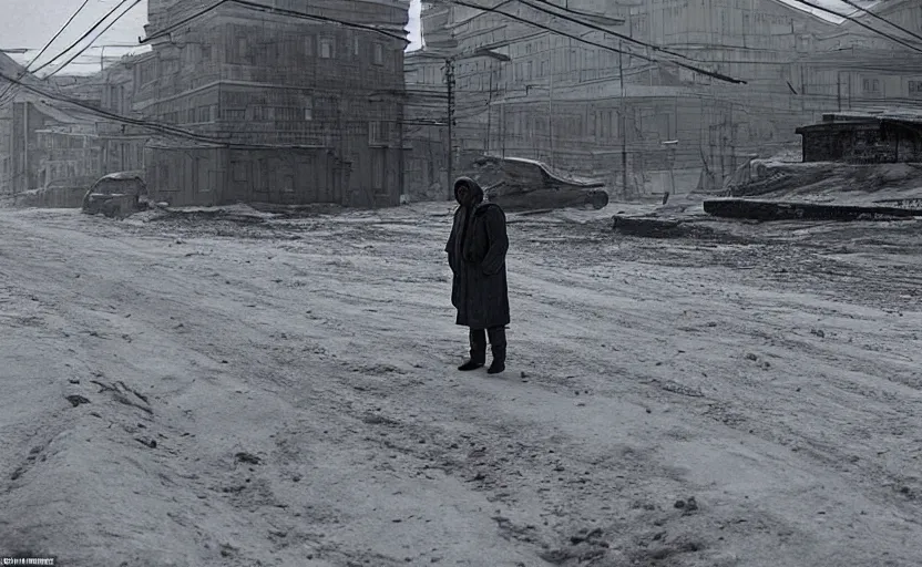 Prompt: In a city of Norilsk on the Moon, a Mysterious man is standing in the middle of a street photo by Gregory Crewdson, a city on the Moon