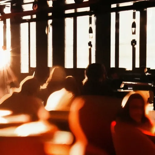 Prompt: cinematic photo of ghostly apparitions at a starbucks in the late afternoon with red sunlight