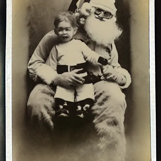 Image similar to santa claus with an evil looking demonic child on his lap, polaroid