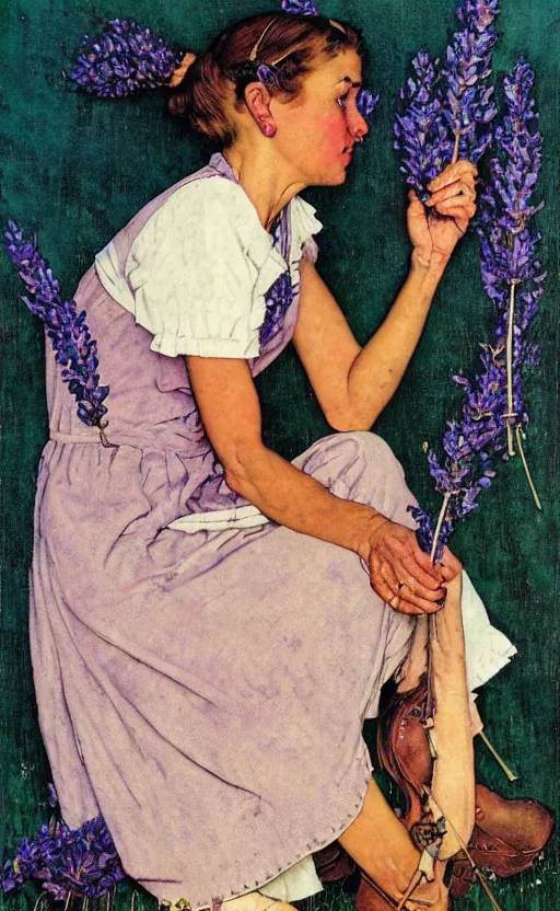 Prompt: norman rockwell style, woman!!! brown hair!! lavender field! crescent moon