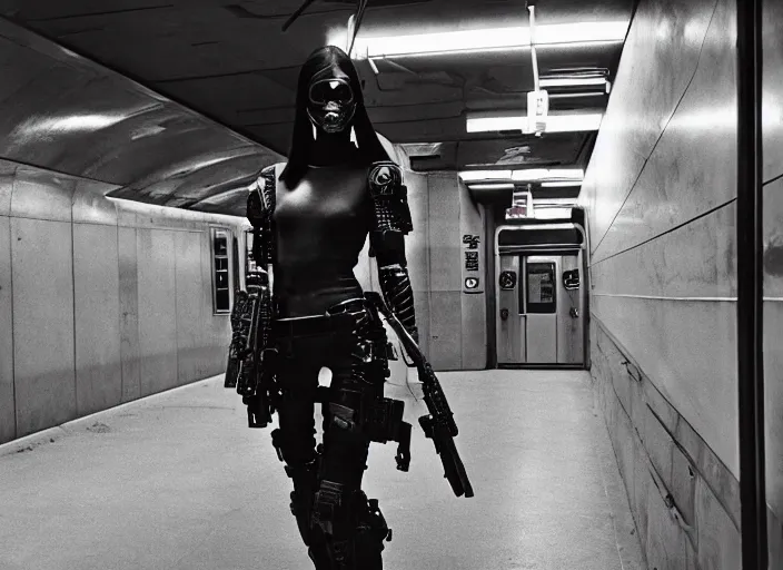 Image similar to cyberpunk cyborg girl with combat equipment and a gun for an arm, in a futuristic subway, richard avedon, tri - x pan