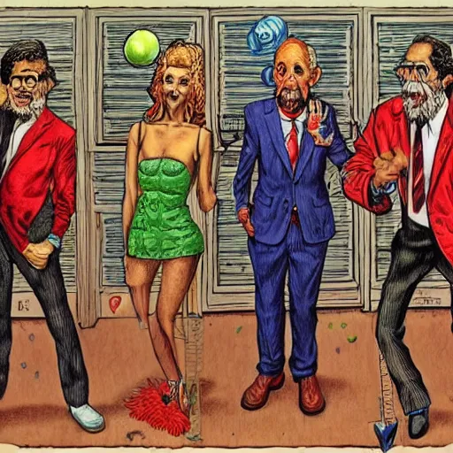 Prompt: The Artwork of R. Crumb and his Cheap Suit Ball Dancers, pencil and colored marker artwork, trailer-trash lifestyle