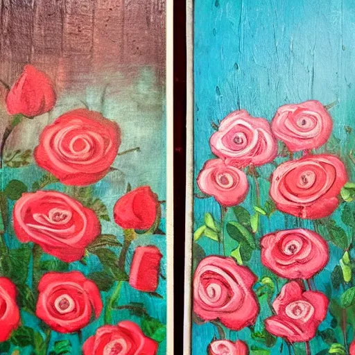 Prompt: a painting of roses and castles, diptych, traditional folk art painting on wood, traditional narrowboat painting on wooden panels