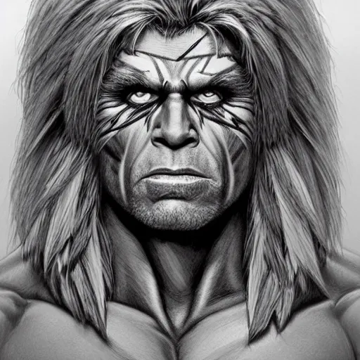 Image similar to amazing lifelike award winning pencil illustration of ultimate warrior trending on art station artgerm Greg rutkowski cinematic