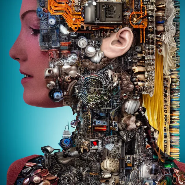 Image similar to profile portrait of a woman, computer parts, mechanical parts, by giuseppe arcimboldo, cyberpunk, futuristic, psychedelic, surreal, sci - fi, dreamlike, fantasy.