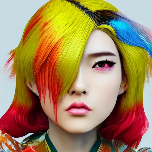 Prompt: Japanese model with maximalist hair style and makeup, bright colors, fashion model, unreal engine octane, red and white, portrait, gliter, depth of field, 8k, hyper detailed, intricate, trending on artstation