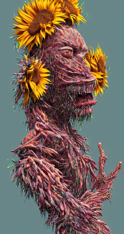 Prompt: cinema 4d colorful render, organic, ultra detailed, of a painted realistic ape with growing sunflowers , scratched. biomechanical cyborg, analog, macro lens, beautiful natural soft rim light, smoke, veins, neon, winged insects and stems, roots, fine foliage lace, red and pink details, Alexander Mcqueen high fashion haute couture, art nouveau fashion embroidered, intricate details, mesh wire, computer components, motherboard, floppy disk eyes,mandelbrot fractal, anatomical, facial muscles, cable wires, elegant, hyper realistic, in front of dark flower and feather pattern wallpaper, ultra detailed, 8k post-production