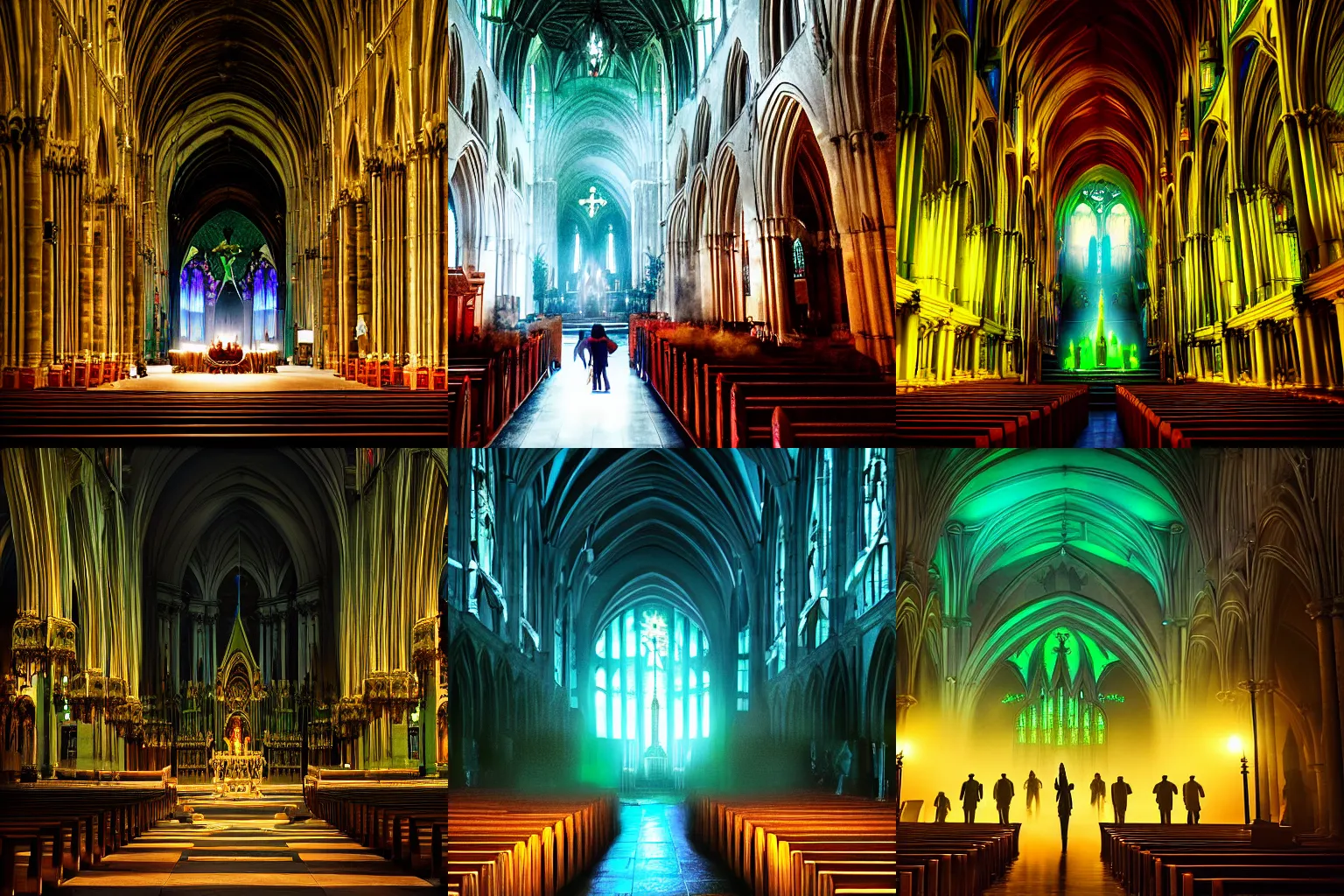 Prompt: cinematic wide shot inside an cathedral, ambient green light, light fog, shadowy figures performing a ritual, digital art