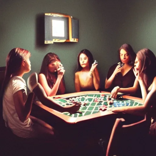 Image similar to female angels smoking pot and playing poker in a dark room, cinematic