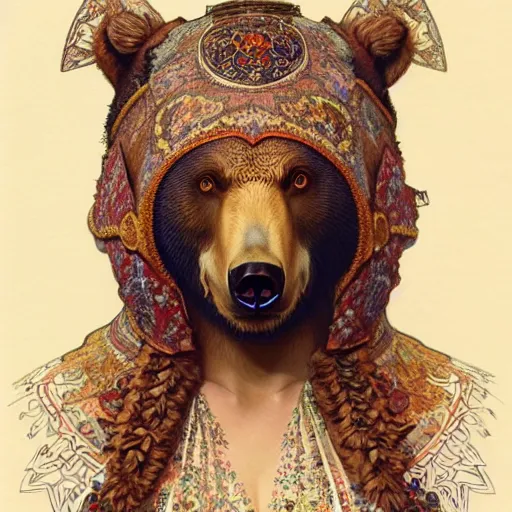 Image similar to a portrait of a female bear hybrid, upper half portrait, decorated with russian motifs, russian shaman, siberia, traditional russia, intricate, elegant, highly detailed, symmetry, headpiece, digital painting, artstation concept art smooth sharp focus, illustration, art by artgerm and greg rutkowski alphonse mucha 8 k