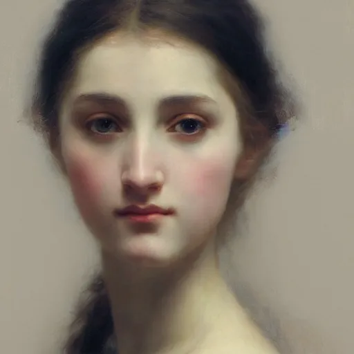 Prompt: portrait of a young woman, high detail, part by Bouguereau, part by Sergeant, part by Ruan Jia, masterpiece, trending on artstation