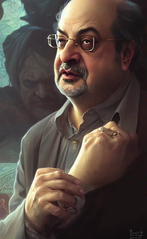 Image similar to portrait of salman rushdie, deep focus, d & d, fantasy, intricate, elegant, highly detailed, digital painting, artstation, concept art, matte, sharp focus, illustration, art by artgerm and greg rutkowski and alphonse mucha