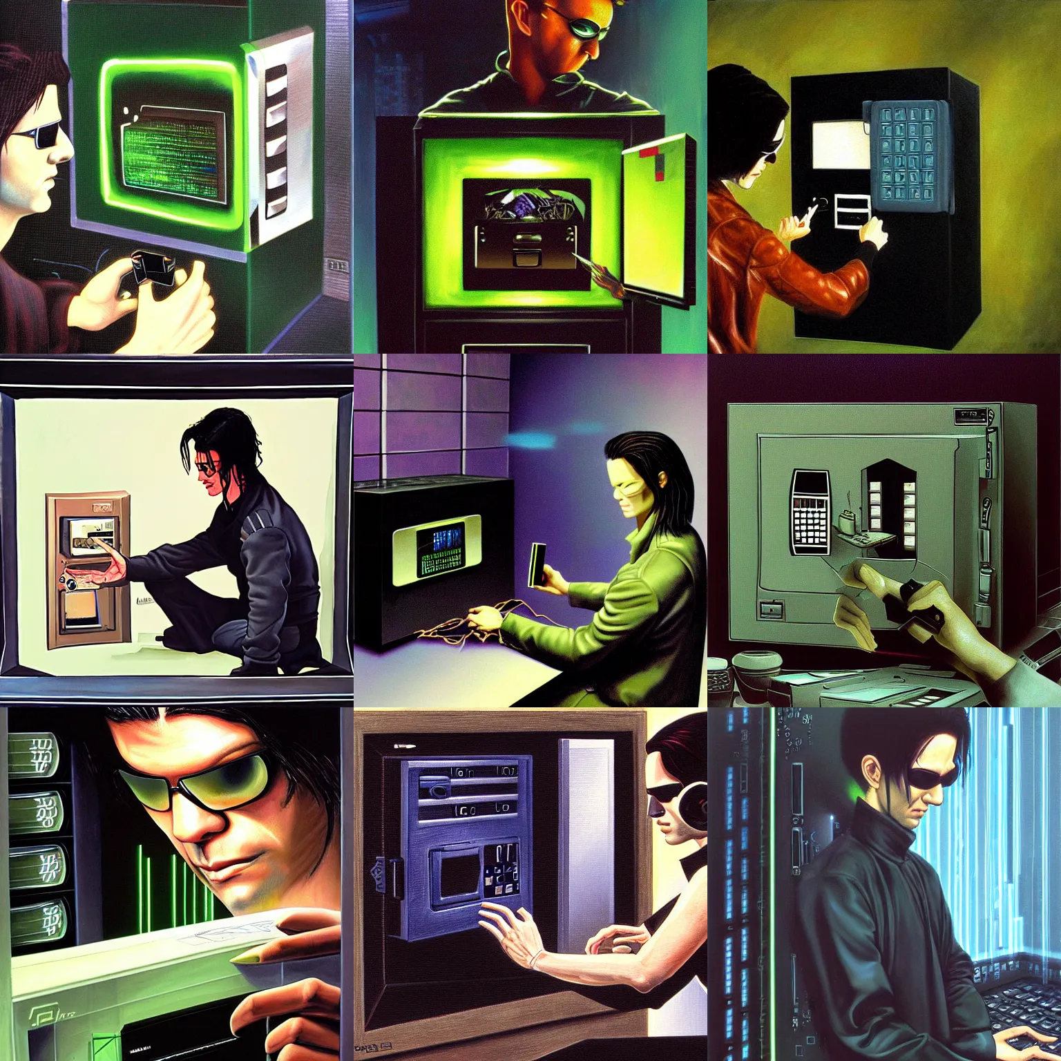 Prompt: painting of neo hacking into a safe, the matrix, jim burns