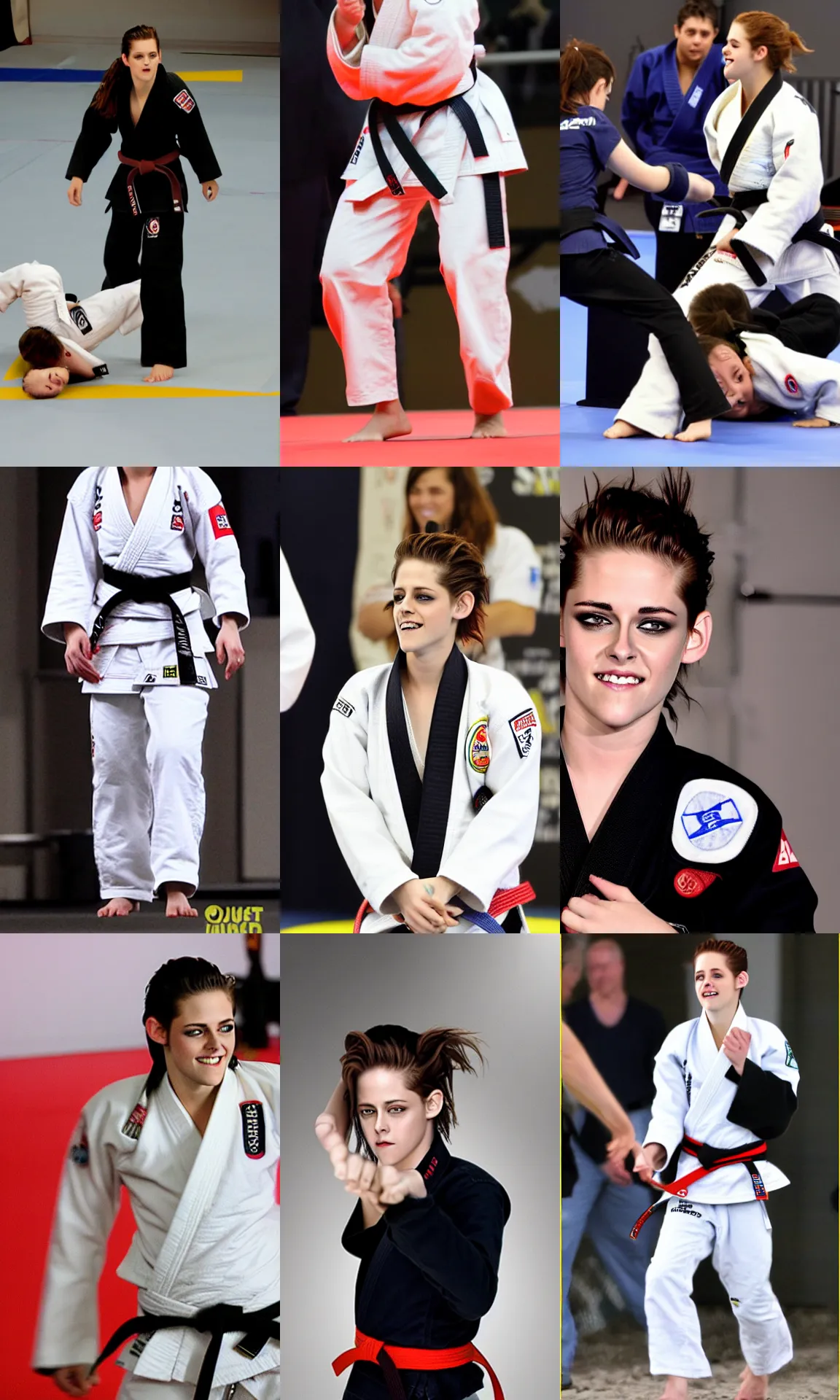 Prompt: Kristen Stewart as judo black belt, smiling