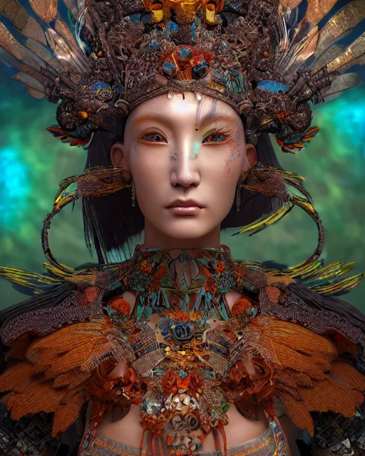 Prompt: 3 d warrior goddess close - up profile portrait. beautiful intricate highly detailed chuu! magpie helm and richly embroidered blouse, quetzalcoatl, stingray, bioluminescent, plasma, lava, ice, feather, wind, stormy, artwork by tooth wu and wlop and annie leibovitz, octane 3 d render
