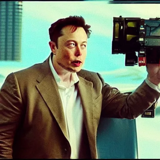 Image similar to a leak screenshot of Elon Musk in a late 2000’s movie, vhs quality, low quality,