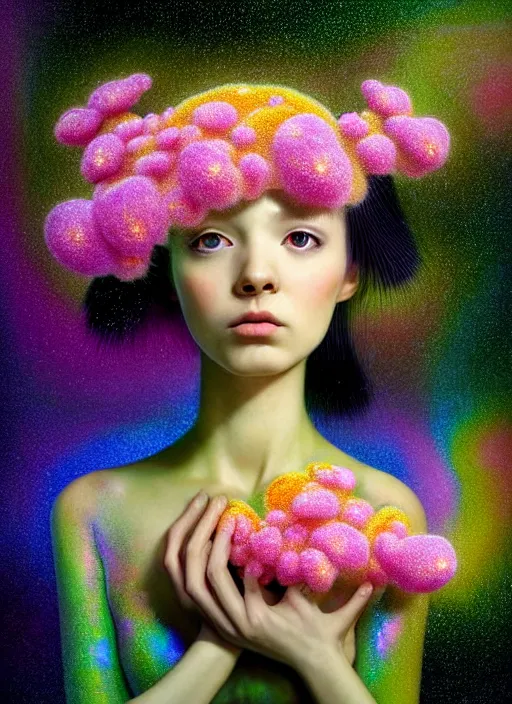 Image similar to hyper detailed 3d render like a Oil painting - kawaii portrait Aurora (black haired Singer Ferret) seen Eating of the Strangling network of yellowcake aerochrome and milky Fruit and Her delicate Hands hold of gossamer polyp blossoms bring iridescent fungal flowers whose spores black the foolish stars by Jacek Yerka, Mariusz Lewandowski, Houdini algorithmic generative render, Abstract brush strokes, Masterpiece, Edward Hopper and James Gilleard, Zdzislaw Beksinski, Mark Ryden, Wolfgang Lettl, hints of Yayoi Kasuma, octane render, 8k