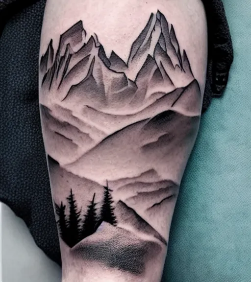 Prompt: creative double exposure effect tattoo design sketch of margot and beautiful mountains and nature, margot robbie and mountain scenery, realism tattoo, in the style of matteo pasqualin, amazing detail, sharp
