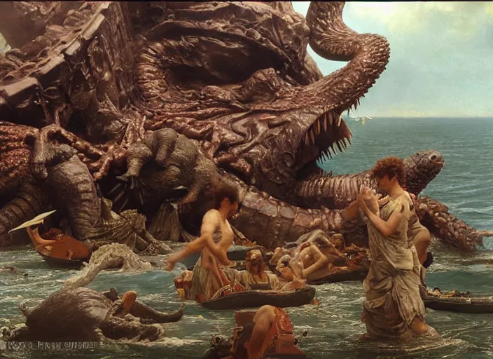 Image similar to godzilla attacking the raft of the medusa, painting by lawrance alma - tadema, by roger corman, 4 k, hyper - realistic, highly detailed