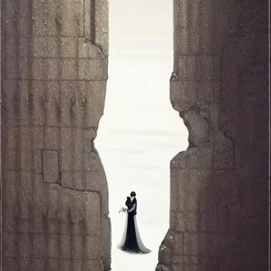 Image similar to bride and groom separated, reaching out, high symmetry, intimacy, realism, intricate abstract, elegant, looking down a cliff, tall pillar, short perspective, neutral colors, dark lighting, by greg rutkowski, by gustave courbet