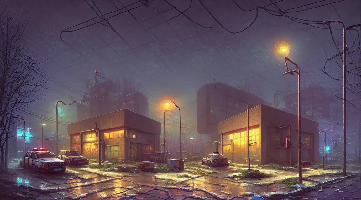 Prompt: post - apocalyptic police station, concrete building, paved roads, by thomas kinkade, by simon stalenhag, highly detailed photography