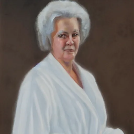 Image similar to a full portrait painting of marjorie taylor greene wearing white robes. red arm band.