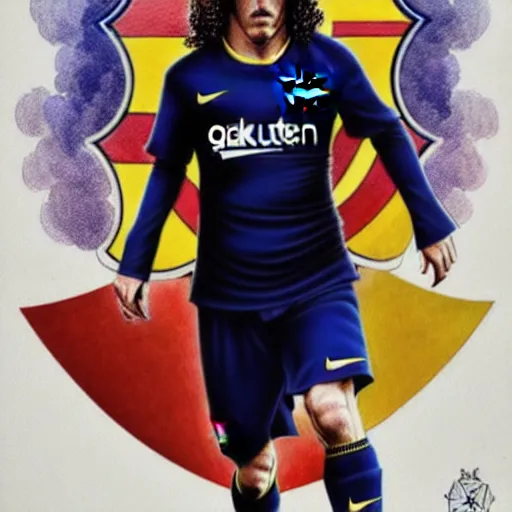 Prompt: Carles Puyol, Fc Barcelona captain, defending his club, D&D, fantasy, intricate, elegant, highly detailed, digital painting, artstation, concept art, matte, sharp focus, illustration, art by Artgerm and Greg Rutkowski and Alphonse Mucha