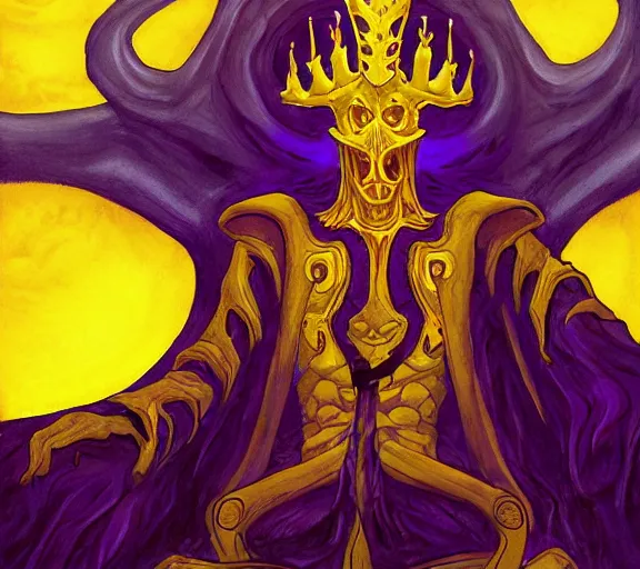 Prompt: eldritch king in yellow on his occult throne by mike winkelman