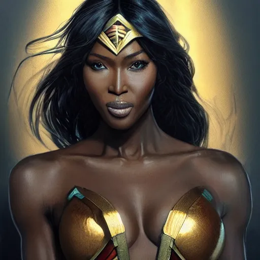 Image similar to full figure ultra realistic illustration, naomi campbell as wonder woman, intricate, elegant, highly detailed, digital painting, artstation, concept art, smooth, sharp focus, illustration, art by artgerm and greg rutkowski and alphonse mucha