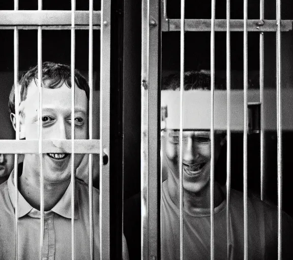 Image similar to Joachim Brohm photo of 'mark zuckerberg laughing behind jail bars', high contrast, high exposure photo, monochrome, DLSR, grainy, close up