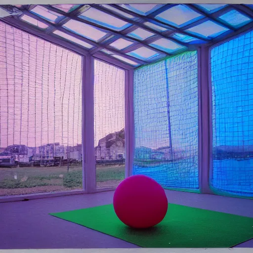 Image similar to a pastel colour high fidelity wide angle Polaroid art photo from a holiday album at a seaside with abstract inflatable parachute furniture, spheres and a sculpture, all objects made of transparent iridescent Perspex and metallic silver, a grid of sun beds iridescence, nostalgic