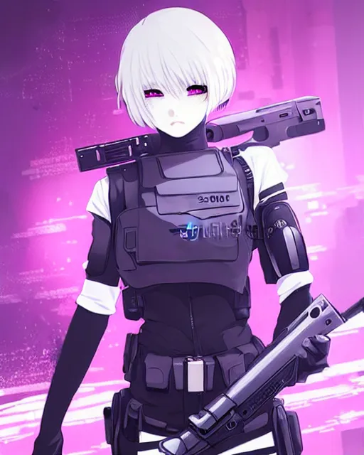 Image similar to 2 b, anime key visual of a young female swat officer, neon, cyberpunk, futuristic, white outfit, black swat vest, swat helmet, holding pdw, stunning, highly detailed, digital painting, smooth, soft focus, illustration, poster, japanese typography, digital art from artstation by artgerm and greg rutkowski and alphonse mucha