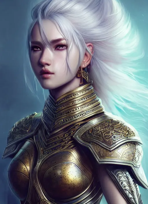 Image similar to warrior, intricate ornate opal heavy armor!!! beautiful and athletic white hair female!! gorgeous face and eyes!! character concept art, sharp focus, octane render! unreal engine 5! highly rendered!! trending on artstation!! detailed linework!! illustration by artgerm, wlop, and chie yoshii