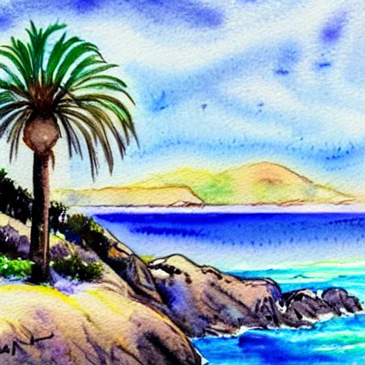 Image similar to a beautiful watercolor and pen painting of the california coastline