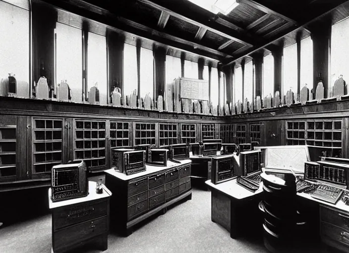 Image similar to realistic photo interior of the spacious wooden polished medieval expensive wooden room observatory scientific interior with dozens of computers and displays and molecules 1 9 9 0, life magazine reportage photo