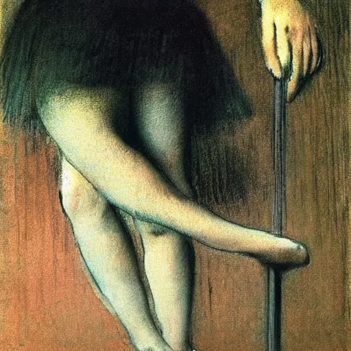 Prompt: the pole dancer by edgar degas, muted pastel tones, soft