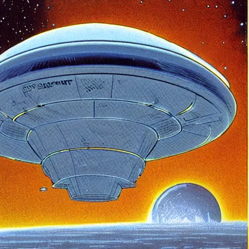 Prompt: Giant Spaceship in the shape of Jeff Bezos' head concept art by moebius, 1970s sci-fi illustration